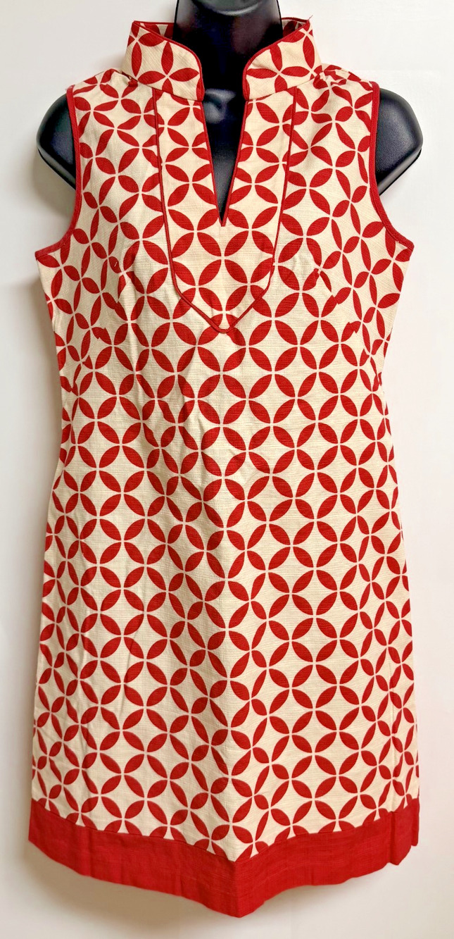 Jessica Howard Mandarin Collar Shift Dress Women's 4 Red White Geometric Print